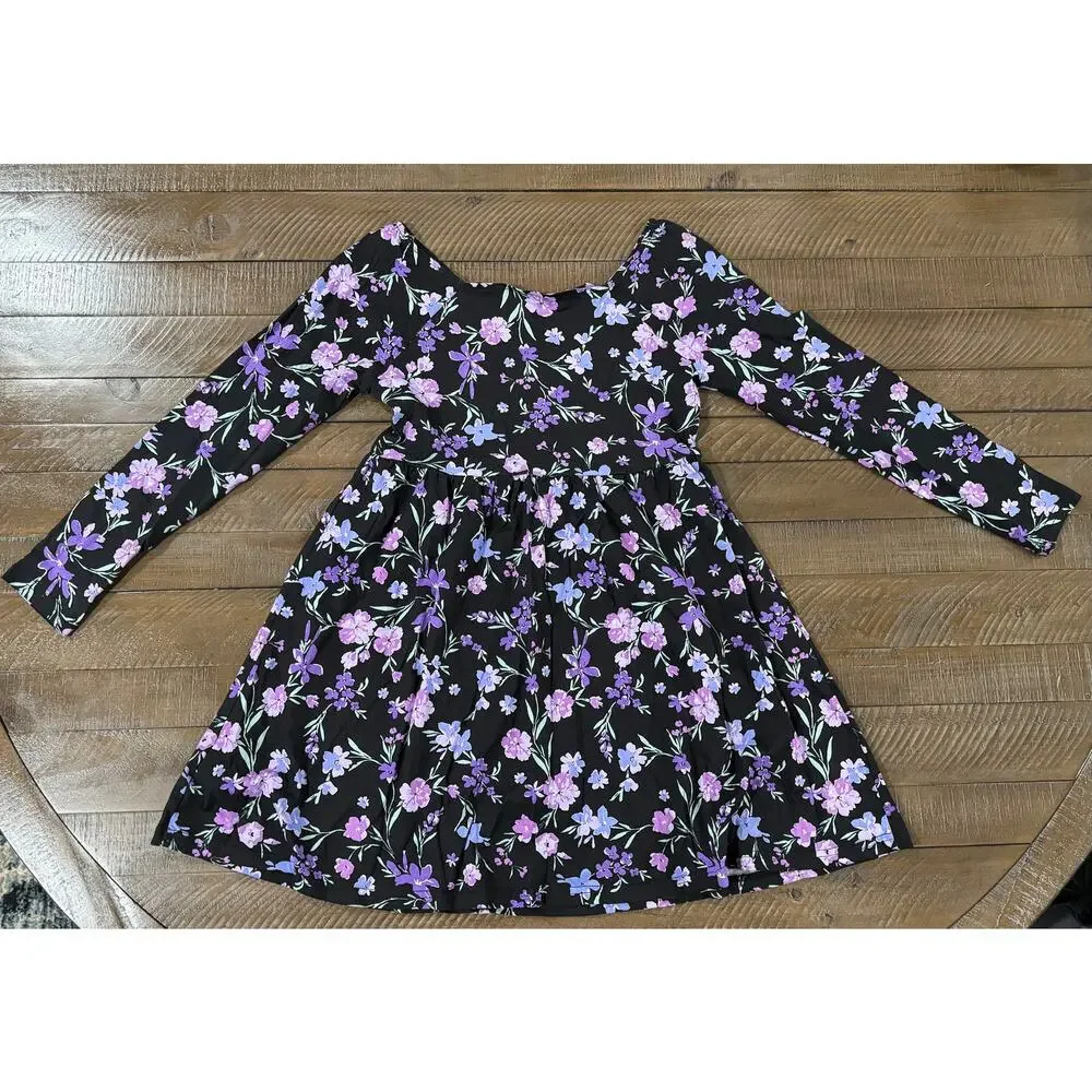 The Children's Place Girls Floral Everyday Dress Black/Purple LARGE (10-12) - Picture 4 of 7
